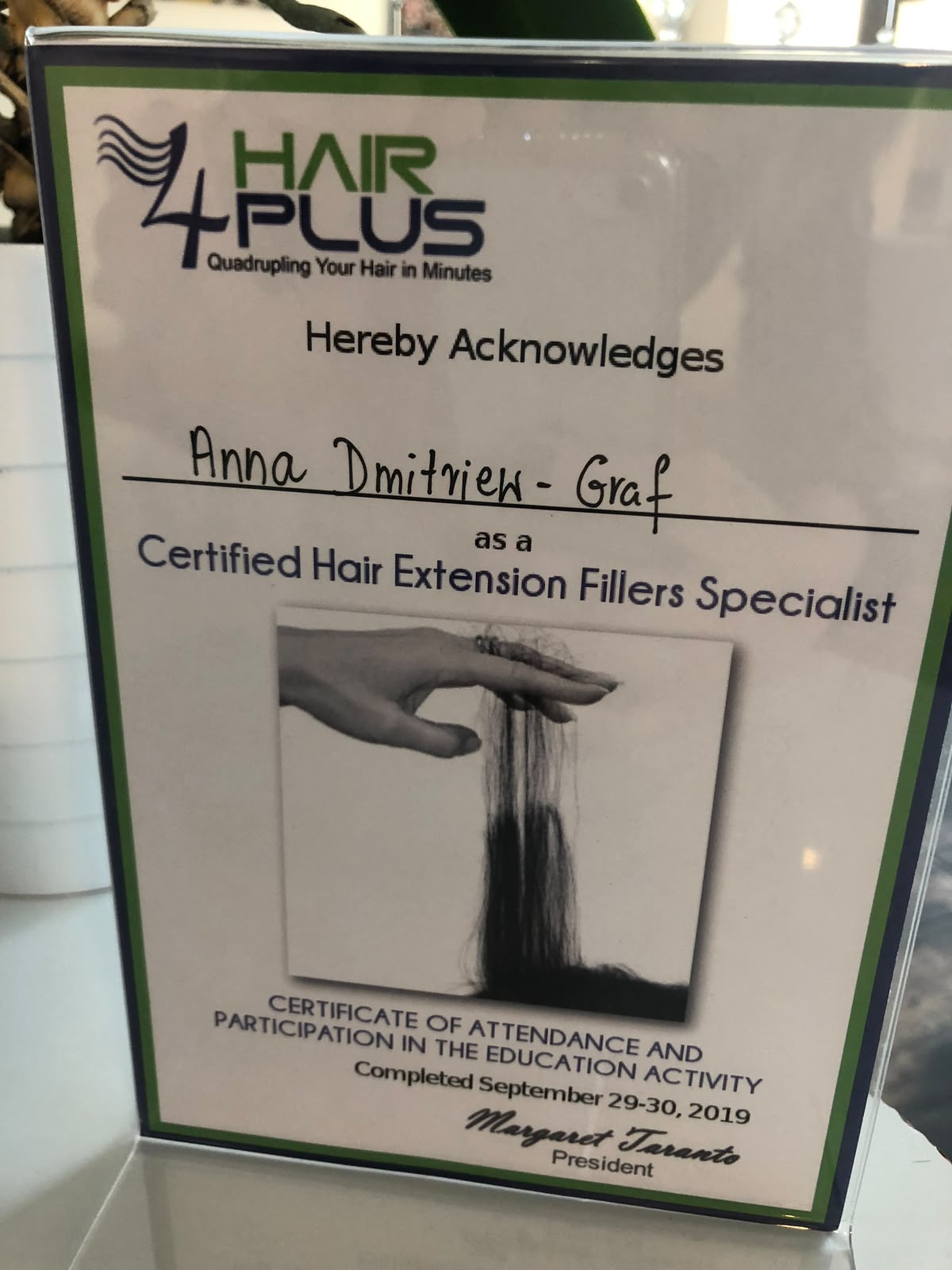 Certyfikat Anny Graf — Certified Hair Extension Fillers Specialist, 2019